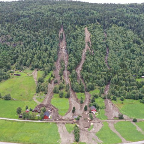 Overblikksbilde av raset som gikk på Breie. Man ser tydelig hvor jordraset har ødelagt skog og jorder.