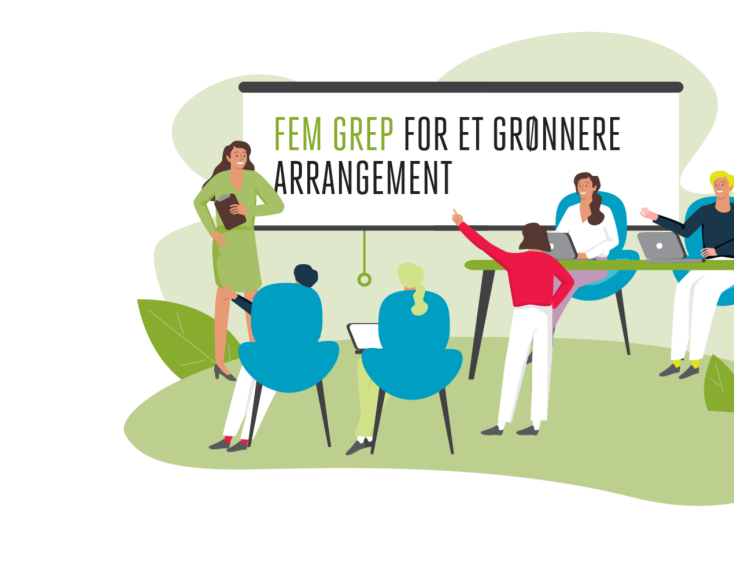 Illustrasjon med tekst "Fem grep for et grønnere arrangement"