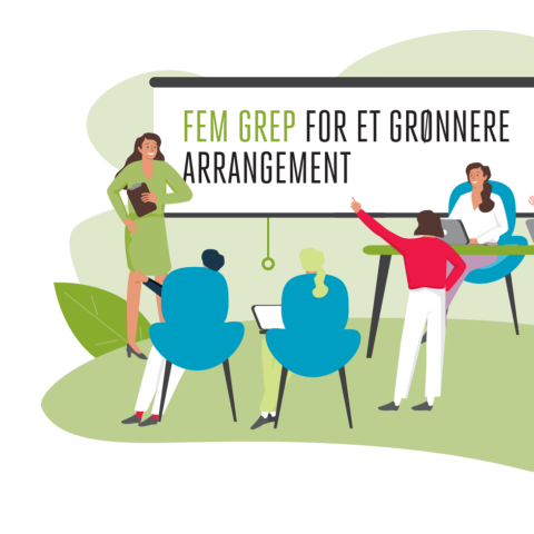 Illustrasjon med tekst "Fem grep for et grønnere arrangement"